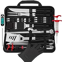 ROMANTICIST 26pcs Grilling Accessories Kit for Men Women, Stainless Steel Heavy Duty BBQ Tools with Glove and Corkscrew, Grill Utensils Set in Portable Canvas Bag for Outdoor,Camping,Backyard,Black