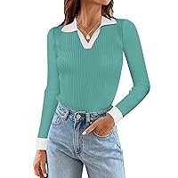 MEROKEETY Womens 2024 Fall V Neck Long Sleeve T Shirts Slim Fitted Ribbed Knit Casual Tee Tops