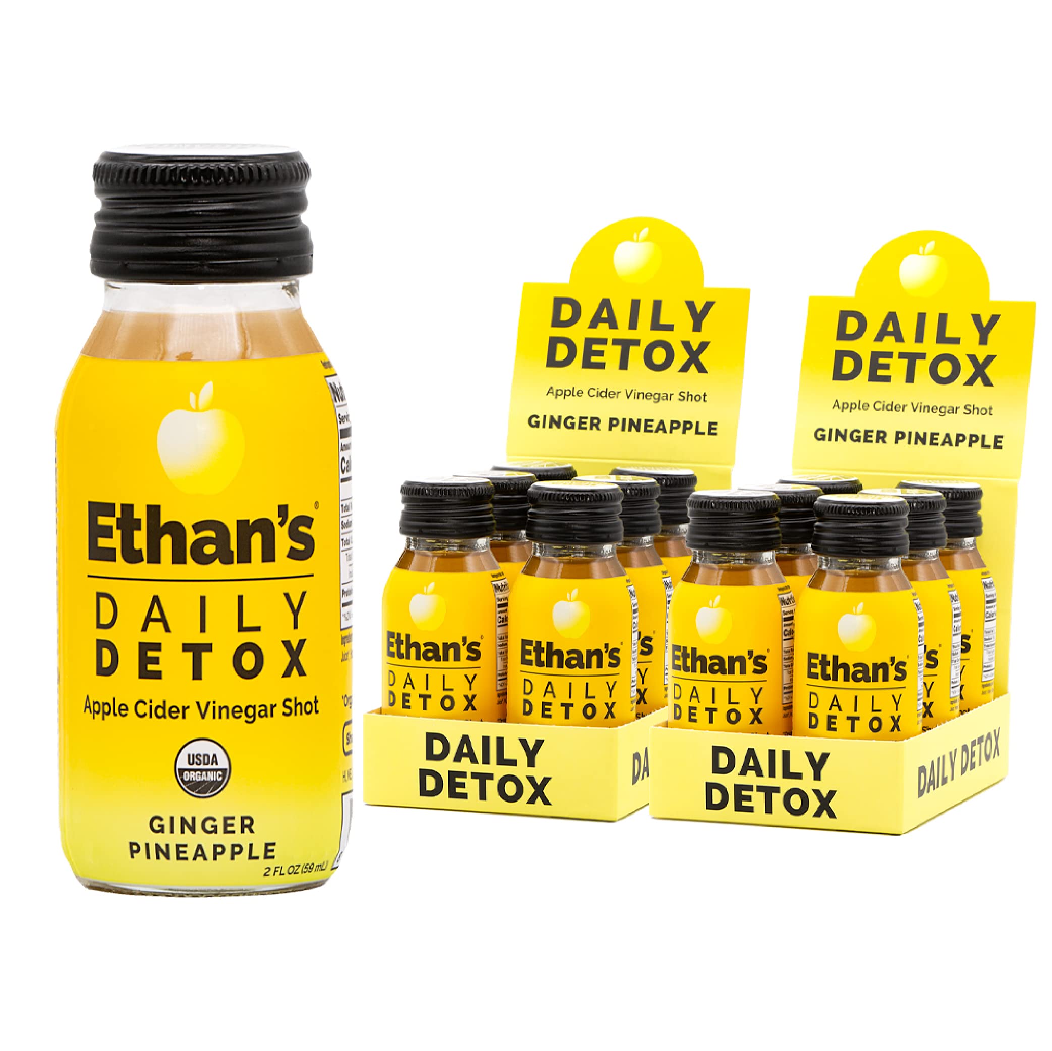 Ethan's Daily Detox Shot, Ginger Pineapple Flavor, ACV Organic Apple Cider Vinegar Shots, Natural Body Juice Cleanse, Digestion Support, Gluten Free (12 Pack of 2oz Shots)