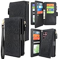 Harryshell Detachable Magnetic Zipper Wallet Leather Case with Cash Coin Pocket 12 Card Slots Holder Wrist Strap Lanyard for Samsung Galaxy S22 Ultra (2022) Flower (Black)