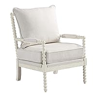 Kaylee Spindle Accent Chair with Antique Wood Frame, 26.5” W x 32.25” D x 37” H, White Linen Fabric