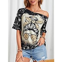Women's Tops Women's Shirts Sexy Tops for Women Leopard & Figure Graphic Asymmetric Neck Tee (Color : Multicolor, Size : X-Large)