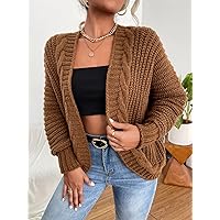 Women's Cardigans Cable Knit Batwing Sleeve Duster Cardigan (Color : Coffee Brown, Size : Medium)