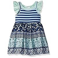 Youngland Girls' Little 3 Pc Set, Knit Printed Dress, Popover Top & Short, Aqua/Multi