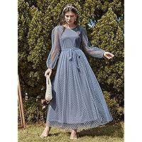 Womens Fall Fashion 2022 Dobby Mesh Bishop Sleeve Belted Maxi Dress (Color : Dusty Blue, Size : Large)