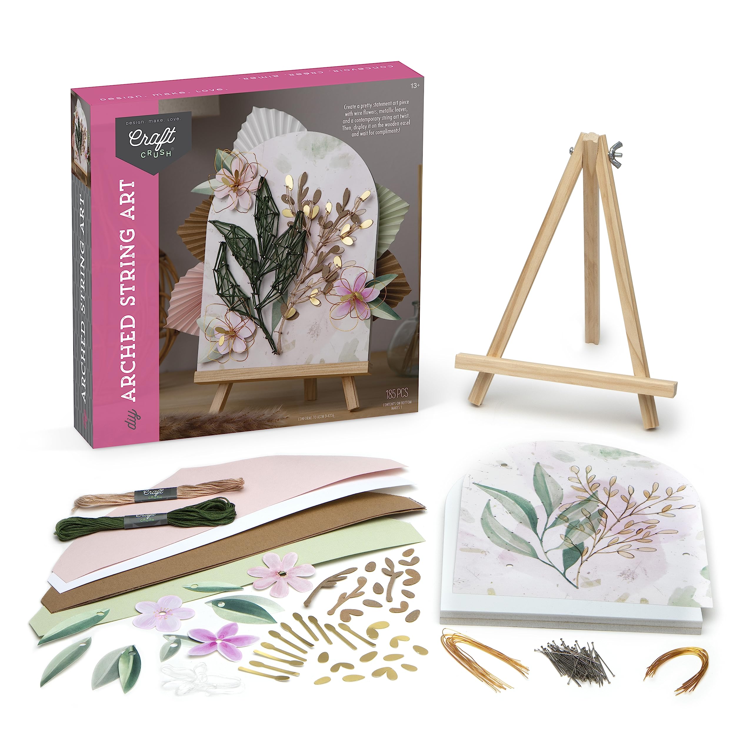 Craft Crush DIY String Art Craft Kit - Floral Interior Design DIY Activity for Teens & Adults - Complete String Art Kit with Embroidery Thread, Foam Canvas, Metal Pins, Wooden Easel - Ages 13+