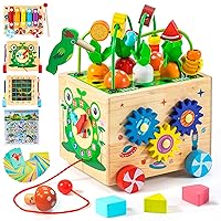 Wooden Activity Cube Toys Car,Montessori Toddler Toys Age 2+, 10-in-1 Toys 2 Year Old Boys&Girls Birthday Gift,Puzzle Learning Toy Set,with Bonus Catching Bugs Game&Dinosaur Stickers