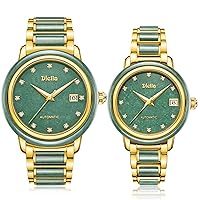 Diella Matching Watches for Couples Self Winding Watches for Men and Women Luxury Jade Green Watch with Gold Stainless Steel