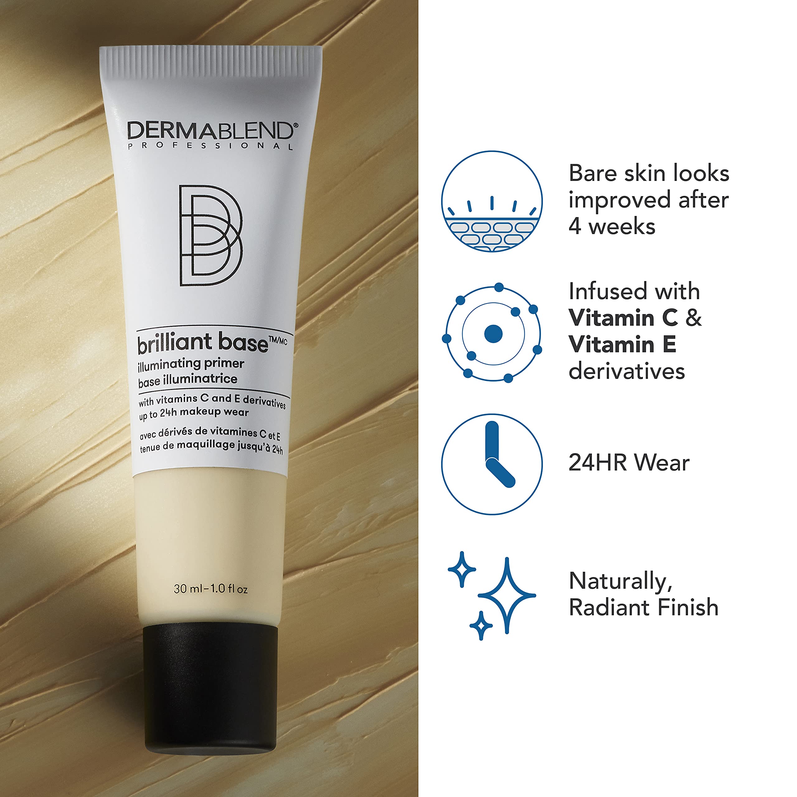 Dermablend Brilliant Base Illuminating Primer Face Makeup - Formulated with Niacinamide, Shea Butter, and Glycerin, Enriched with Vitamin C and E Derivatives, Provides Long Lasting Radiance, 1 Fl Oz