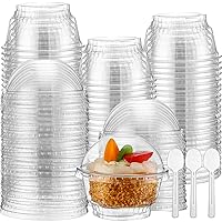 100 Sets 5 oz Dessert Cups with Dome Lids and Spoons Mini Clear Plastic Cups No Hole Party Fruit Containers Disposable Snack Bowls for Ice Cream Parfait Desserts Pudding Cupcake