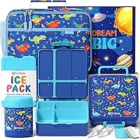 Fimibuke Kids Bento Snack Lunch Box with 4 Compartment, Insulated Bag, Stainless Steel Vacuum Thermos Food Jar, Ice Pack, Utensils Set, Birthday Gift for Age 3-12 Back to School Toddler Girl Boy