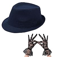 Navy Unisex Classic Manhattan Fedora Hat, Women's Floral Lace Wrist Length Gloves