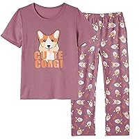 Vopmocld Big Girls' 2-Piece Cotton Pajamas Cute Cat Panda Sleepwear Short Sleeve Long Pants Nighty Sets