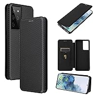 ZORSOME for Samsung Galaxy S21 Ultra Flip Case,Carbon Fiber PU + TPU Hybrid Case Shockproof Wallet Case Cover with Strap,Kickstand Black