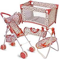Baby Doll Accessories Set - 3-1 Baby Doll Furniture Set with Baby Doll Stroller, Baby Doll Crib, Baby Doll Swing - Baby Doll Bed Set for 18” Doll - Play Baby Doll Toys for 18