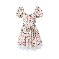 Womens Sexy White Lace Square Neck Puff Sleeve Dress Cute Strawberry Printed Shress with Lining