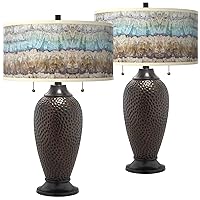 Marble Jewel Hammered Bronze Table Lamps Set of 2 with Print Shade