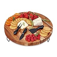 Acacia Board and Knife, Footed Snack Tray and Cheese Knives Set Cooking Accessories, 16inch Diameter, Set of 1, Wood