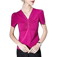 Casual Cotton Top for Women, Fashion Sexy Cross V Neck Puff Sleeve Pleated Blouses Ladies Daily Elegant Work Shirts