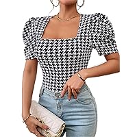 Women's T-Shirt Houndstooth Print Puff Sleeve Square Neck Tee
