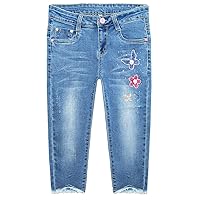 KIDSCOOL SPACE Kids Flowers Butterfly Rhinestone Sticked Pearl Decor Raw Edge Leg Slim Jeans