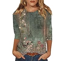 3/4 Length Sleeve Womens Tops Summer Crewneck Print Tshirts Blouses Trendy Three Quarter Length Sleeve Blouse 2024