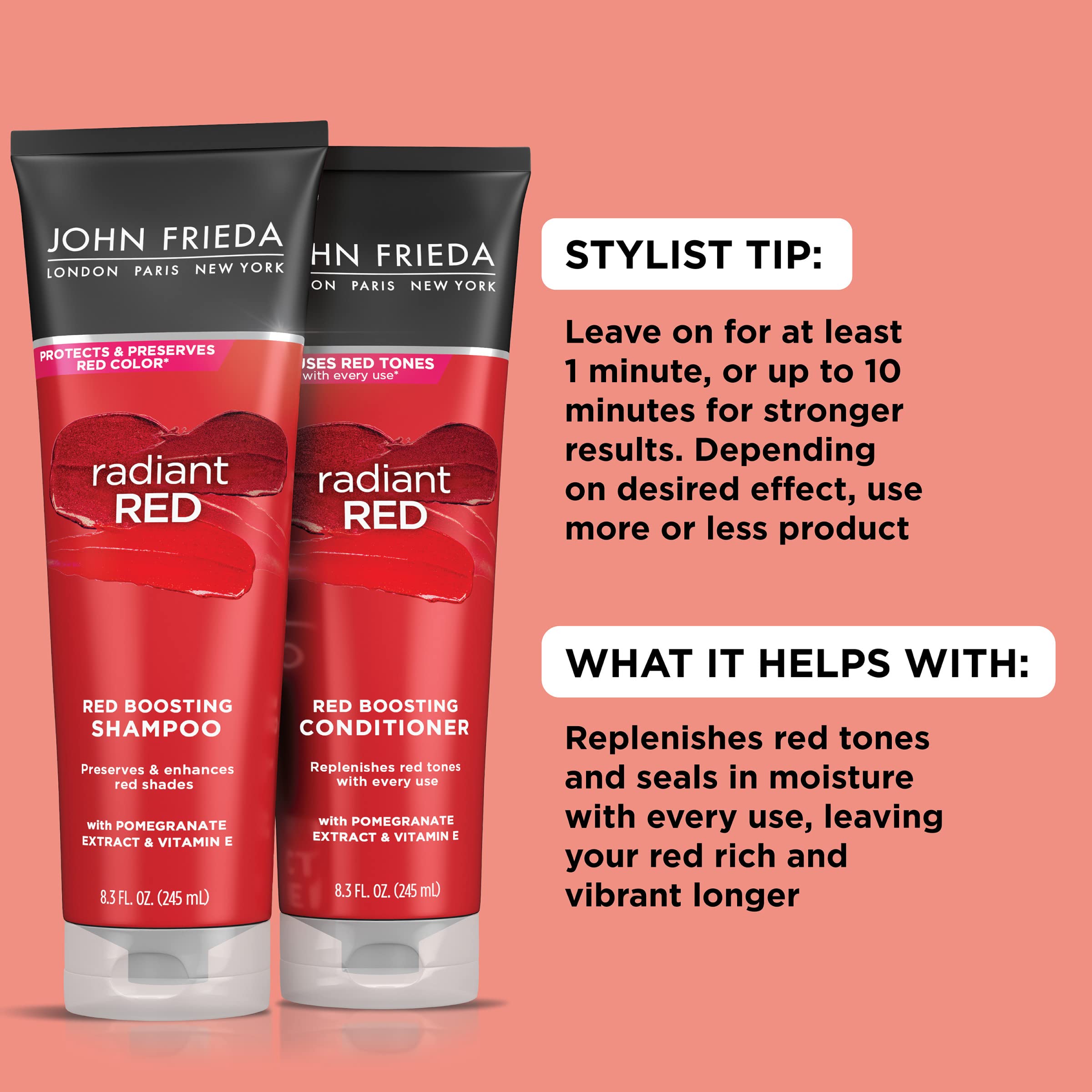 John Frieda Red Enhancing Shampoo & Conditioner Bundle, Radiant Red Shampoo & Conditioner for Red Hair, Helps Enhance Red Hair Shades, with Pomegranate and Vitamin E