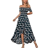 Kormei Women Short Sleeve Off Shoulder Floral High Low Flowy Summer Party Long Maxi Dress