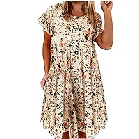 Women's Bohemian Beach Dress Swing Sleeveless Knee Length Flowy Round Neck Trendy Casual Summer Foral Print Hawai