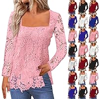 Lace Tops for Women Dressy Casual Square Neck Long Sleeve Crochet Tops Elegant Cute Summer Tunic Blouses Shirts