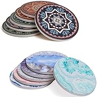 Absorbent Coasters Duo Bundle - 6 Mandalas Plus Crystal Agate Style Design - 4.3 inch Large Ceramic Stone Coaster with Cork Backing Protect Table from Stain & Spill