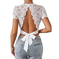 Milumia Women's Scallop Trim Backless Lace Crop Top Short Sleeve Solid Tie Back Crop Tee