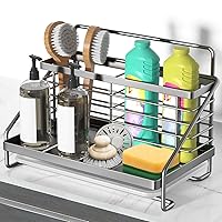 Kitchen Sink Caddy, Kitchen Sink Organizer Stainless Steel with Two Baskets, Rustproof and Non-slip Sponge Holder with Removable Drain Tray for Sponge Soap Scrubber Dishcloth Dish Brush, Silver
