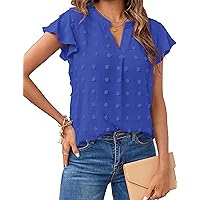 MEROKEETY Women 2024 Summer V Neck Ruffle Short Sleeve Blouse Swiss Dot Flowy Shirt Tunic Top