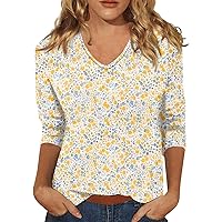 Business Casual Tops for Women, Women's V-Neck 3/4 Sleeve Printed Top Floral, S, 3XL