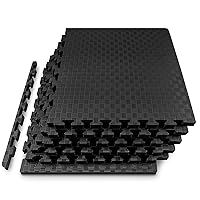 ProsourceFit Exercise Puzzle Mat 1-in, Checkered EVA Foam Floor Tiles w/Non-Slip Texture, Gym Mat w/Interlocking Foam Tiles for Adjustable Surface, Shock Absorbing, Waterproof Gym Flooring, Black