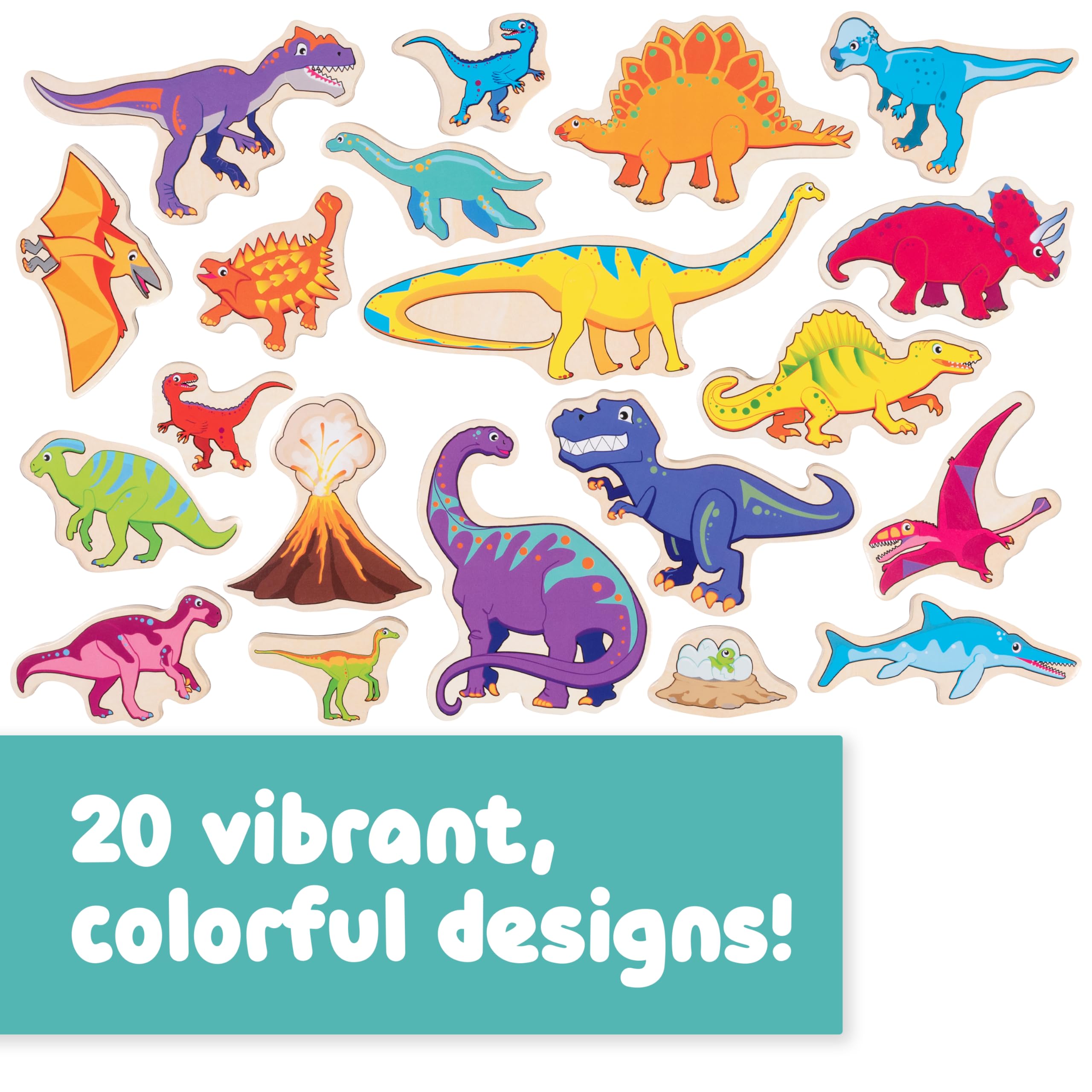 SPARK & WOW Wooden Magnets - Dinosaurs - Set of 20 - Magnets for Kids Ages 2+ - Cute Dinosaur Magnets for Fridges, Whiteboards and More