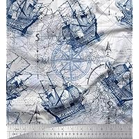 Soimoi Cotton Canvas Blue Fabric - by The Yard - 56 Inch Wide - Ship & Direction Compass Nautical Fabric - Nautical Navigation in Stylish Patterns Printed Fabric