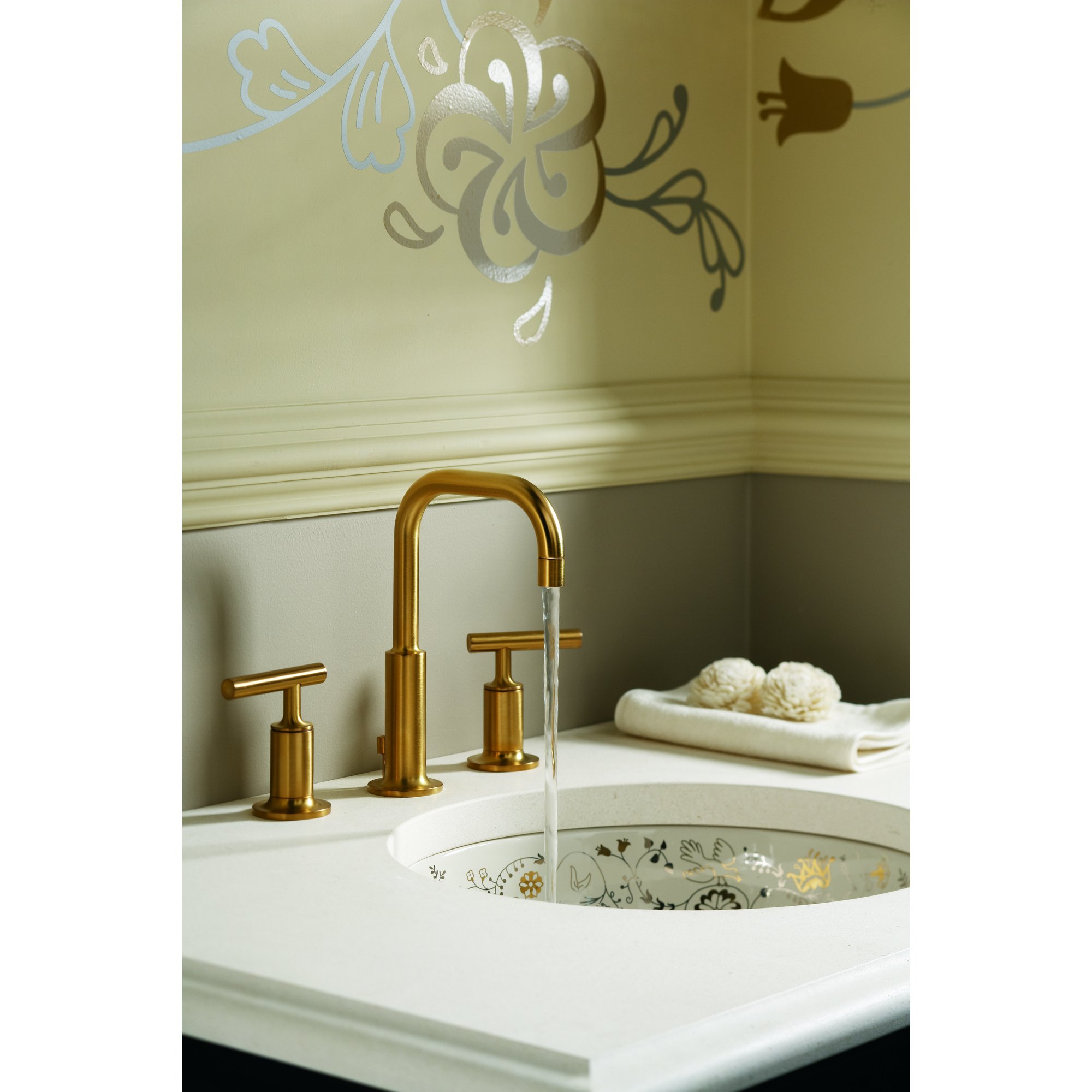 Bathroom Faucet by KOHLER, Bathroom Sink Faucet, Purist Collection, 2-Handle Widespread Faucet with Metal Drain, Vibrant Moderne Brushed Gold, K-14406-4-BGD