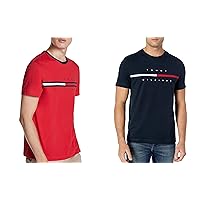 Tommy Hilfiger Men's Short Sleeve Signature Stripe Graphic T-Shirt (Apple Red/Sky Captain Bundle)