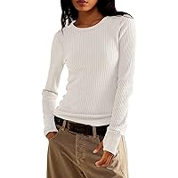 Women's Waffle Knit Tops Long Sleeve Shirts Casual Slim Fitted Crew Neck Pullover Shirts
