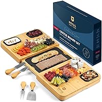 ROYAL CRAFT WOOD Extra Large Bamboo Charcuterie Boards - Large Charcuterie Board Set w/ 3 Sauce Bowls, 4 Knives & Slate Plate - Unique Cheese Board & Serving Tray - Ideal Housewarming Gift
