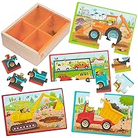 B. toys- Pack o' Puzzles - Trucks- Wooden Puzzle Set – 4 Truck Puzzles – Car Carrier, Loader, Excavator, Dump Truck – 12-Piece Jigsaw Puzzles for Kids – 3 Years +