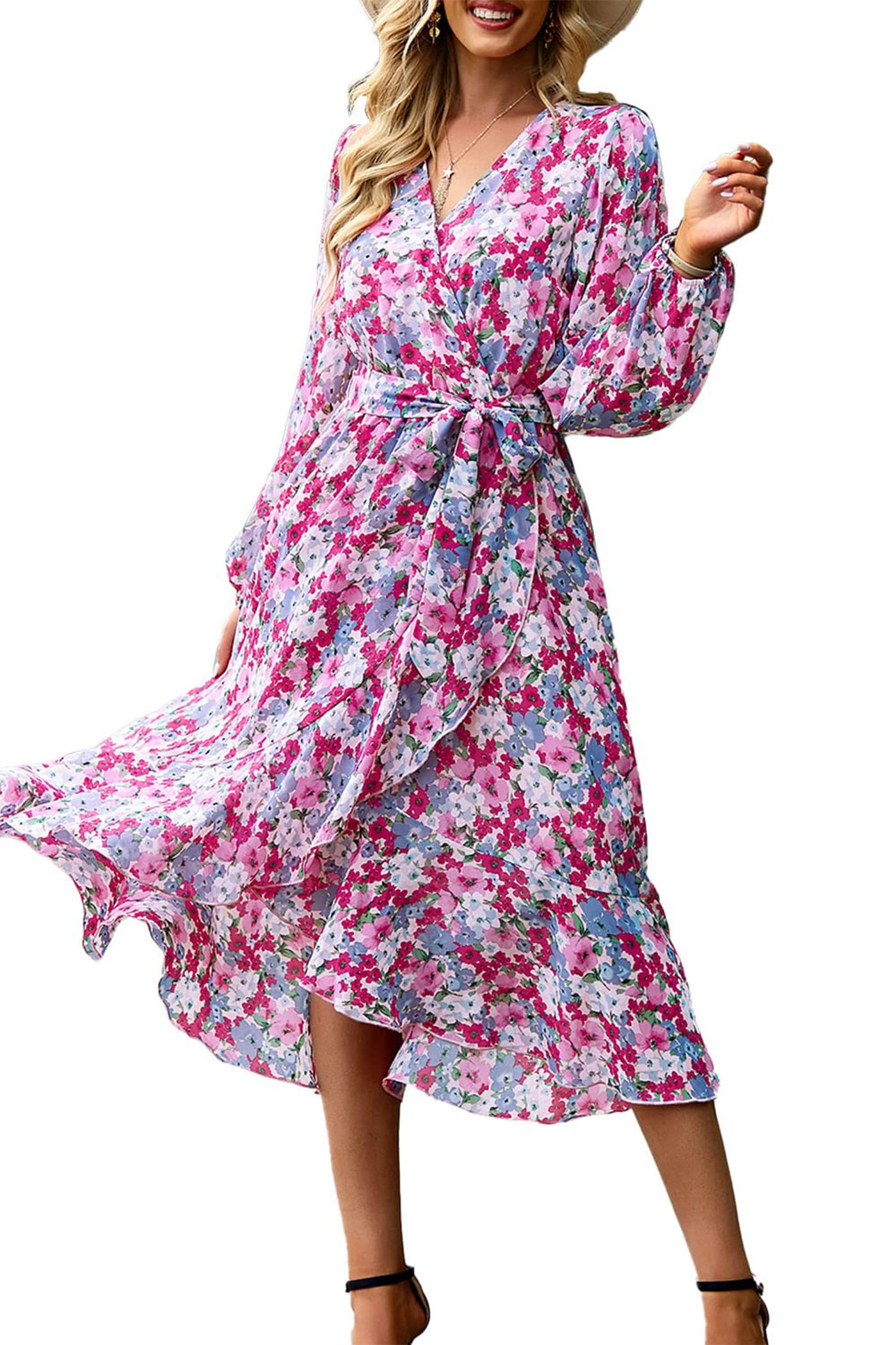 PRETTYGARDEN Women's Floral Print Boho Dress Long Sleeve Wrap V Neck Ruffle Belted A-Line Flowy Maxi Dresses