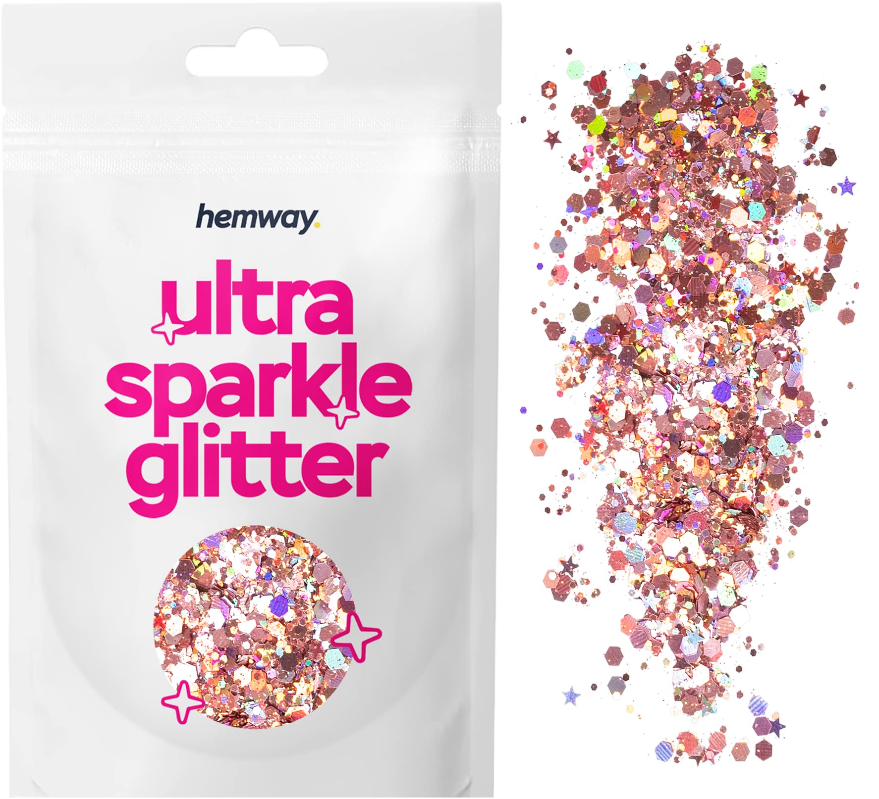 Hemway Rose Gold Holographic Mix Glitter Chunky Multi Purpose Dust Powder Arts & Crafts Decorations Costumes Makeup Cosmetic Face Eye Body Nails Skin Hair Festival 10g