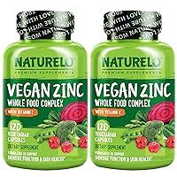 NATURELO Vegan Zinc Whole Food Complex Supplement with Vitamin C for Immune Support and Healthy Skin, Hair, and Nails - Twin Pack, 240 Capsules