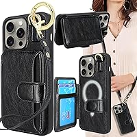 Compatible with MagSafe Case Wallet for iPhone 15 Pro Max 6.7 inch 2023, Crossbody Leather Wallet Case with Card Holder Wrist Strap and Loop,Support Wireless Charging (Black)
