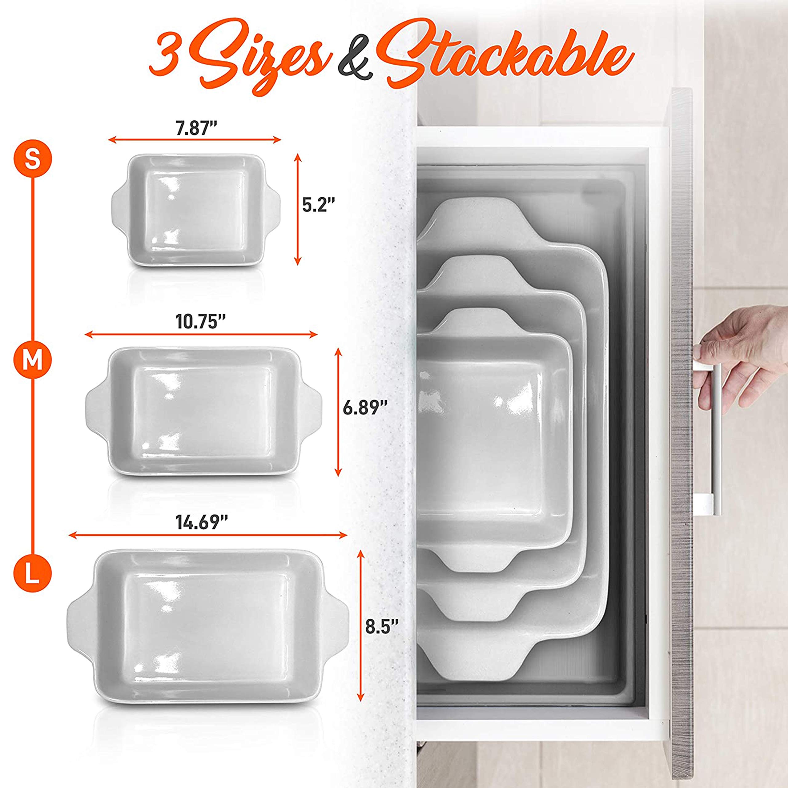 NutriChef 3Pcs. Nonstick Bakeware PFOA PFOS PTFE Tray Set w/Odor-Free Ceramic, 446°F Oven Microwave/Dishwasher Safe Rectangular Baking Pan, Gray