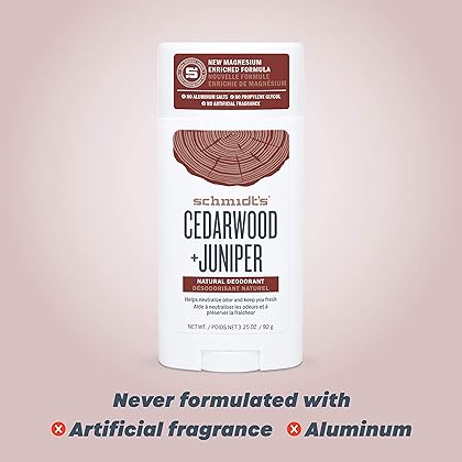 Schmidt's, Aluminum Free Natural Deodorant for Women and Men 24 Hour Odor Protection Certified Cruelty Free Vegan Deodorant oz, Cedarwood + Juniper, 3.25 Ounce