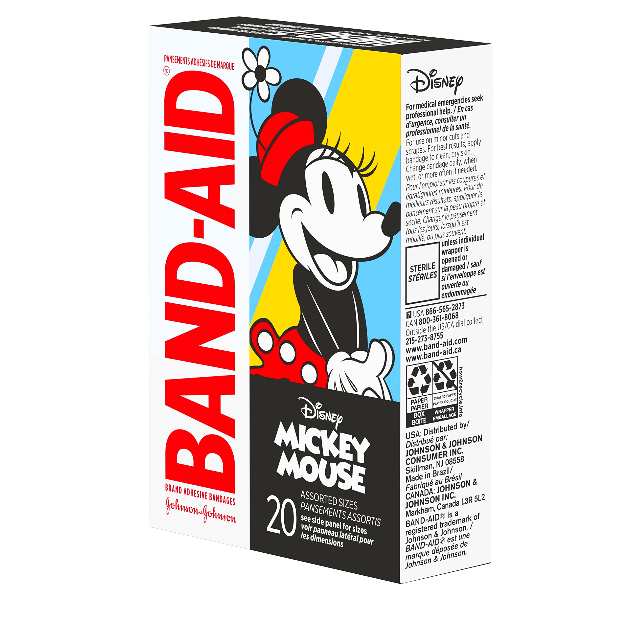 Band-Aid Brand Adhesive Bandages for Minor Cuts & Scrapes, Wound Care Featuring Disney's Mickey Mouse, Fun Bandages for Kids and Toddlers, Assorted Sizes, 20 Count